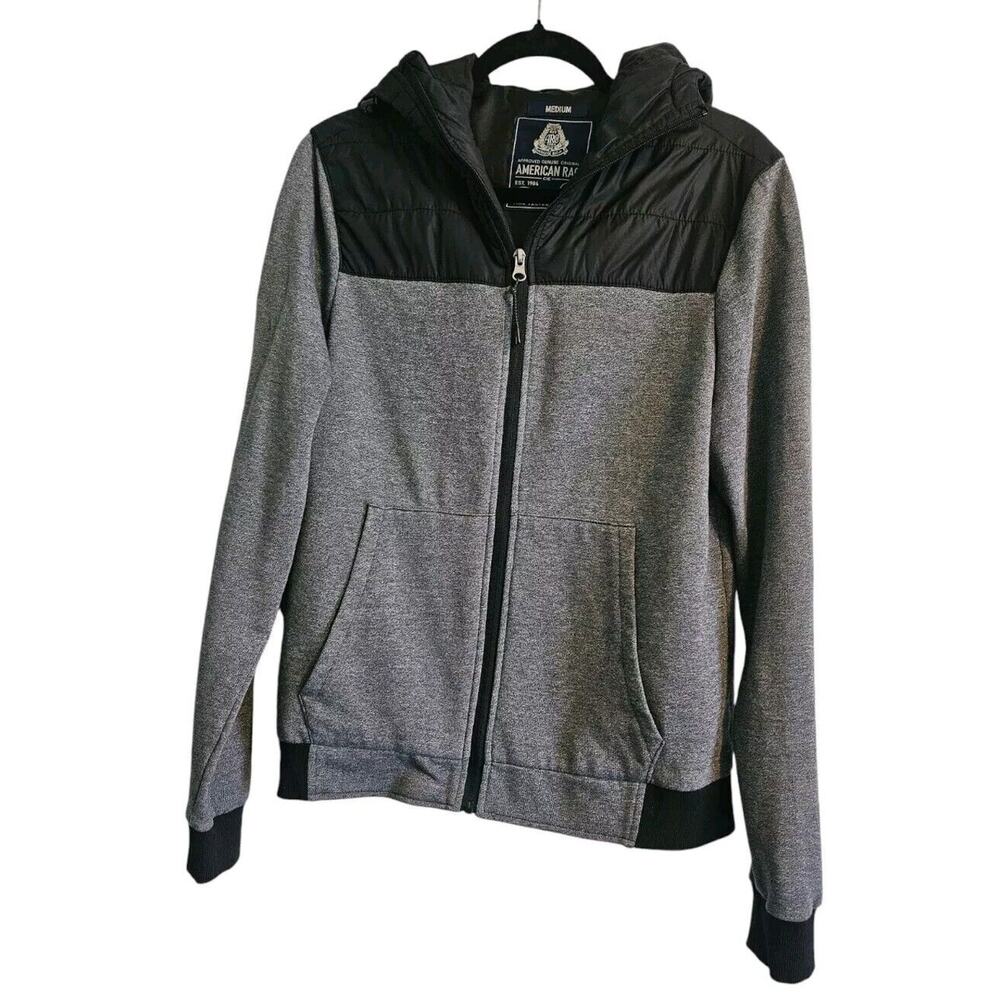 American Rags Mens SZ Med Grey/Black Hoodie Full Zip Elastic Cord Hood Pockets